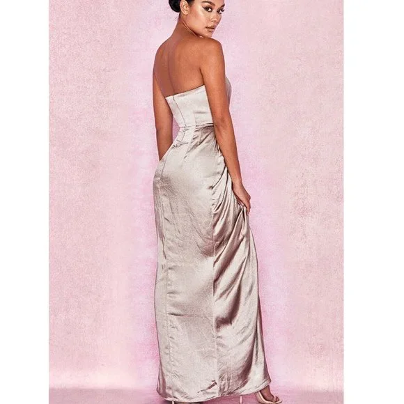 House Of CB 'Sigourney' Mink Satin Draped Front Maxi Dress NWOT - Picture 3 of 15